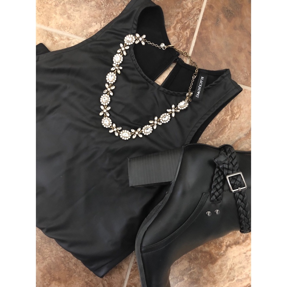 SOLD Black tight high low dress with faux leather.